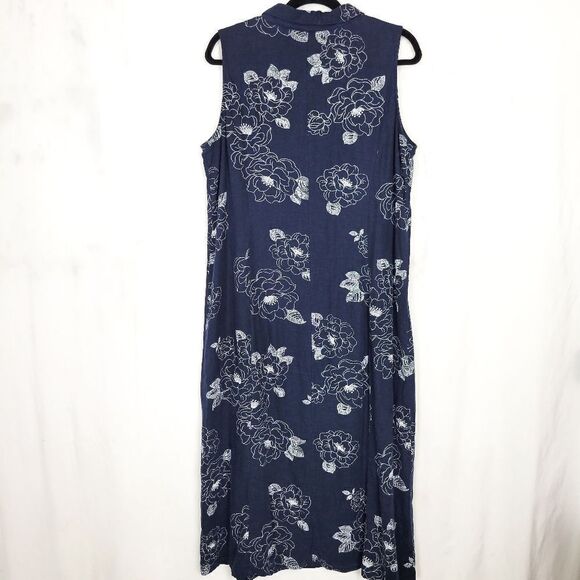 Vintage White Stag Navy Floral Linen Blend Button Up Sleeveless Shirt Dress - Picture 2 of 6